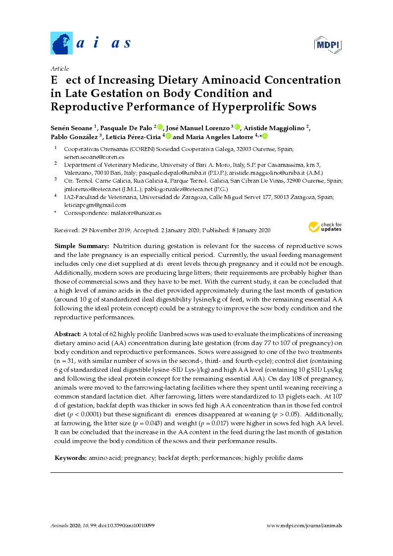 Effect of increasing dietary aminoacid concentration in late gestation on body condition and reproductive performance of hyperprolific sows