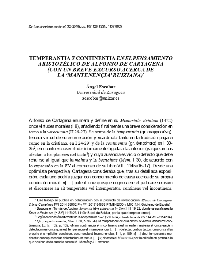 ‘Temperantia’ y ‘continentia’ en el pensamiento aristotélico de Alfonso de Cartagena (con un breve excurso acerca de la 'mantenençia' ruiziana)