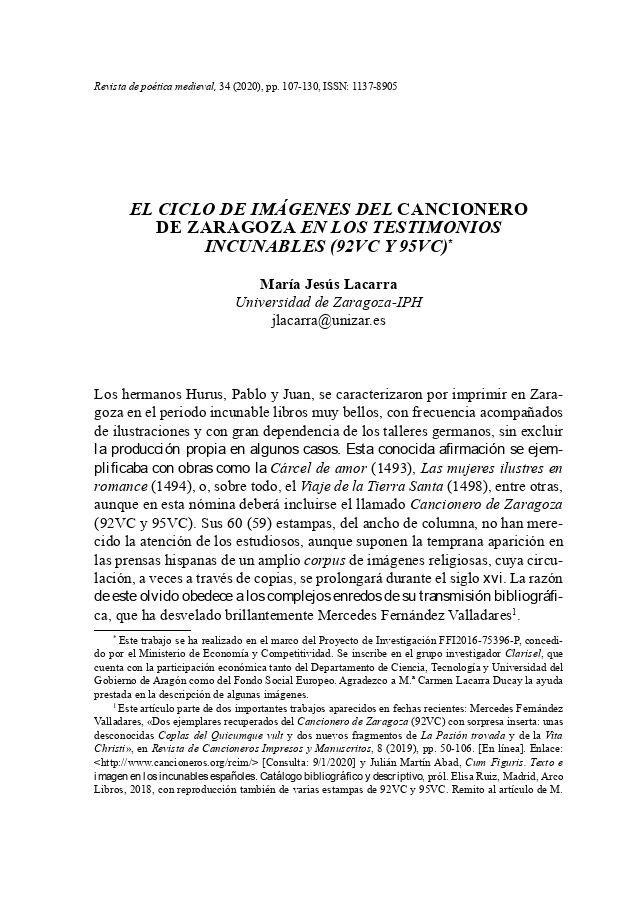 El ciclo de imágenes del «Cancionero de Zaragoza» en los testimonios incunables (92VC y 95VC)