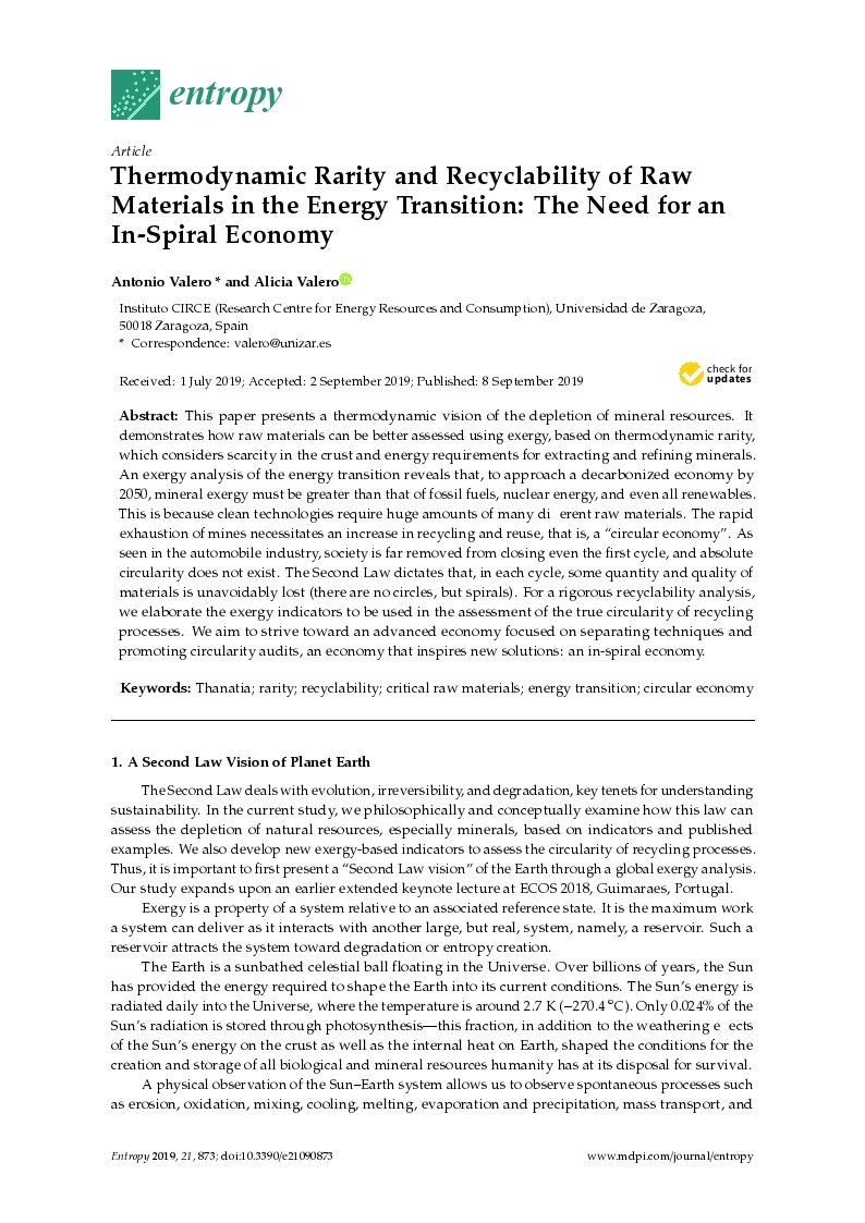 Thermodynamic Rarity and Recyclability of Raw Materials in the Energy Transition: The Need for an In-Spiral Economy