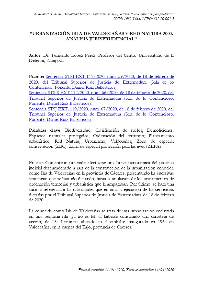 Urbanización isla de Valdecañas y Red Natura 2000. Análisis jurisprudencial  - Repositorio Institucional de Documentos