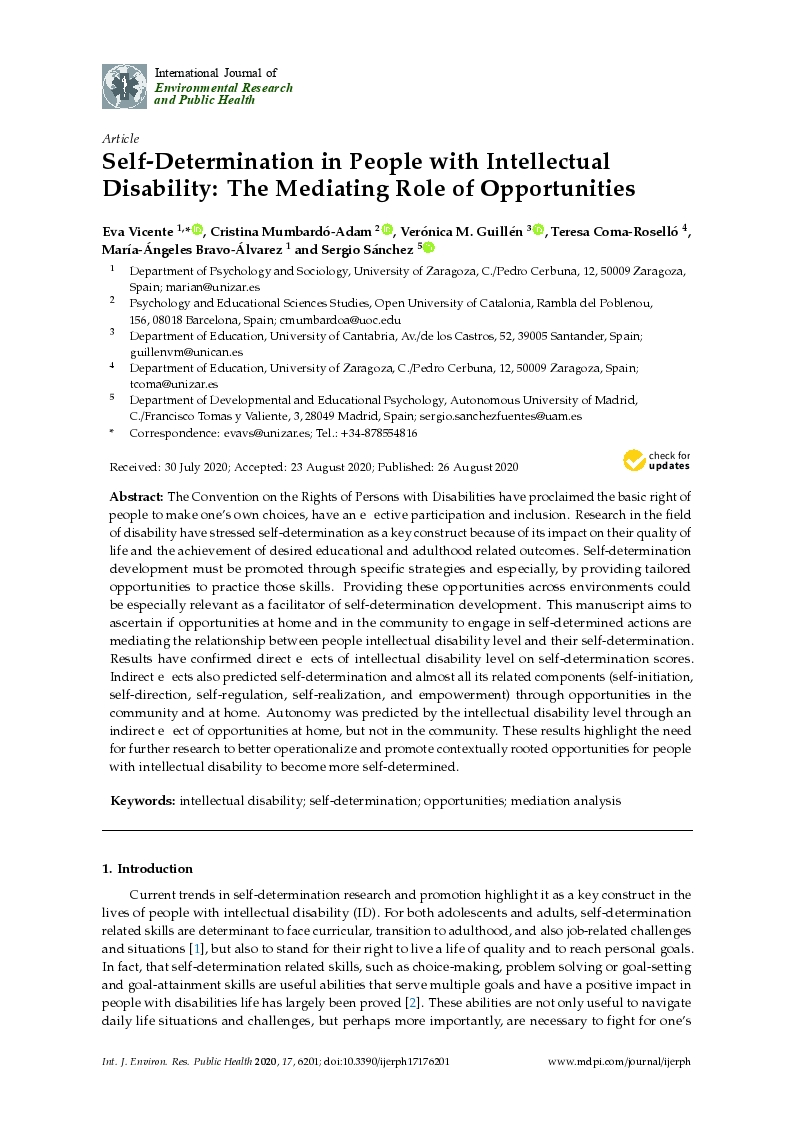 Self-determination in people with intellectual disability: The mediating role of opportunities