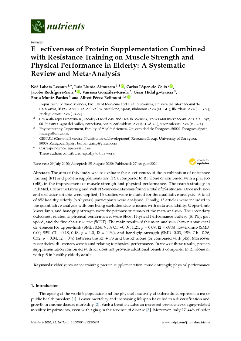 Effectiveness of Protein Supplementation Combined with Resistance Training on Muscle Strength and Physical Performance in Elderly: A Systematic Review and Meta-Analysis