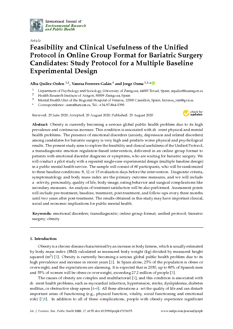 Feasibility and Clinical Usefulness of the Unified Protocol in Online Group Format for Bariatric Surgery Candidates: Study Protocol for a Multiple Baseline Experimental Design