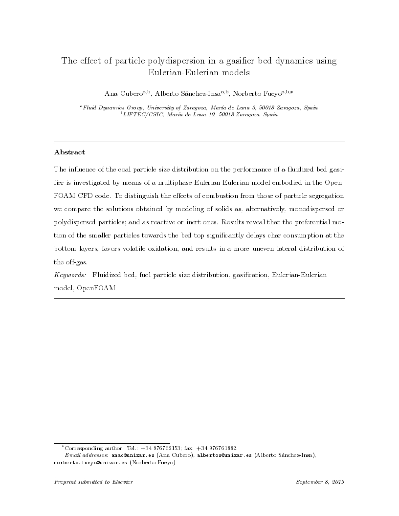 The effect of particle polydispersion in a gasifier bed dynamics using Eulerian-Eulerian models