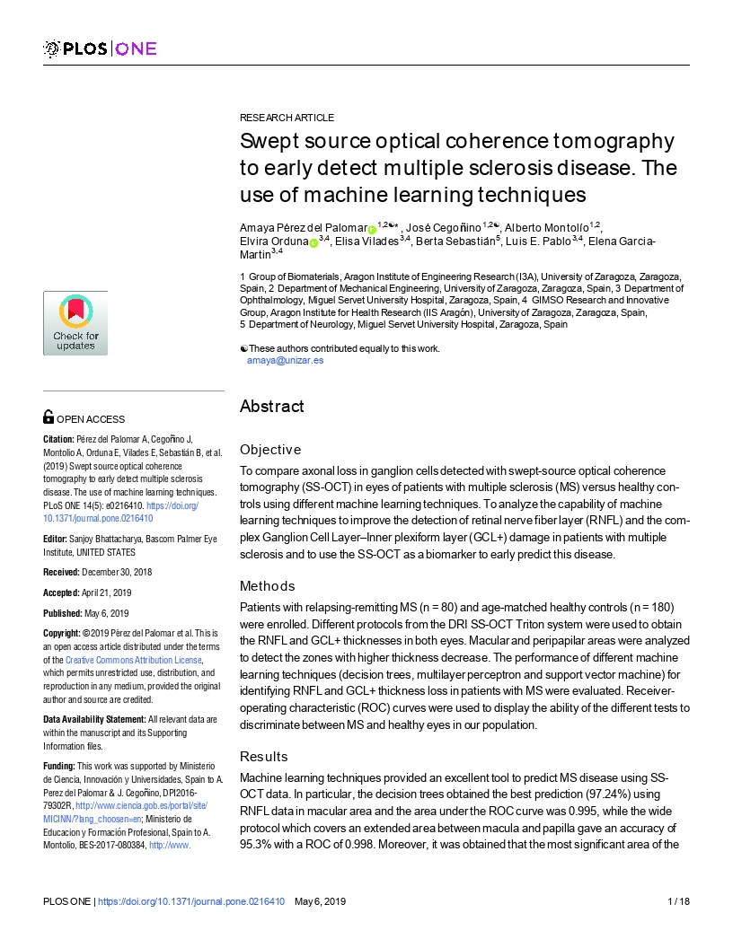 Swept source optical coherence tomography to early detect multiple sclerosis disease. The use of machine learning techniques