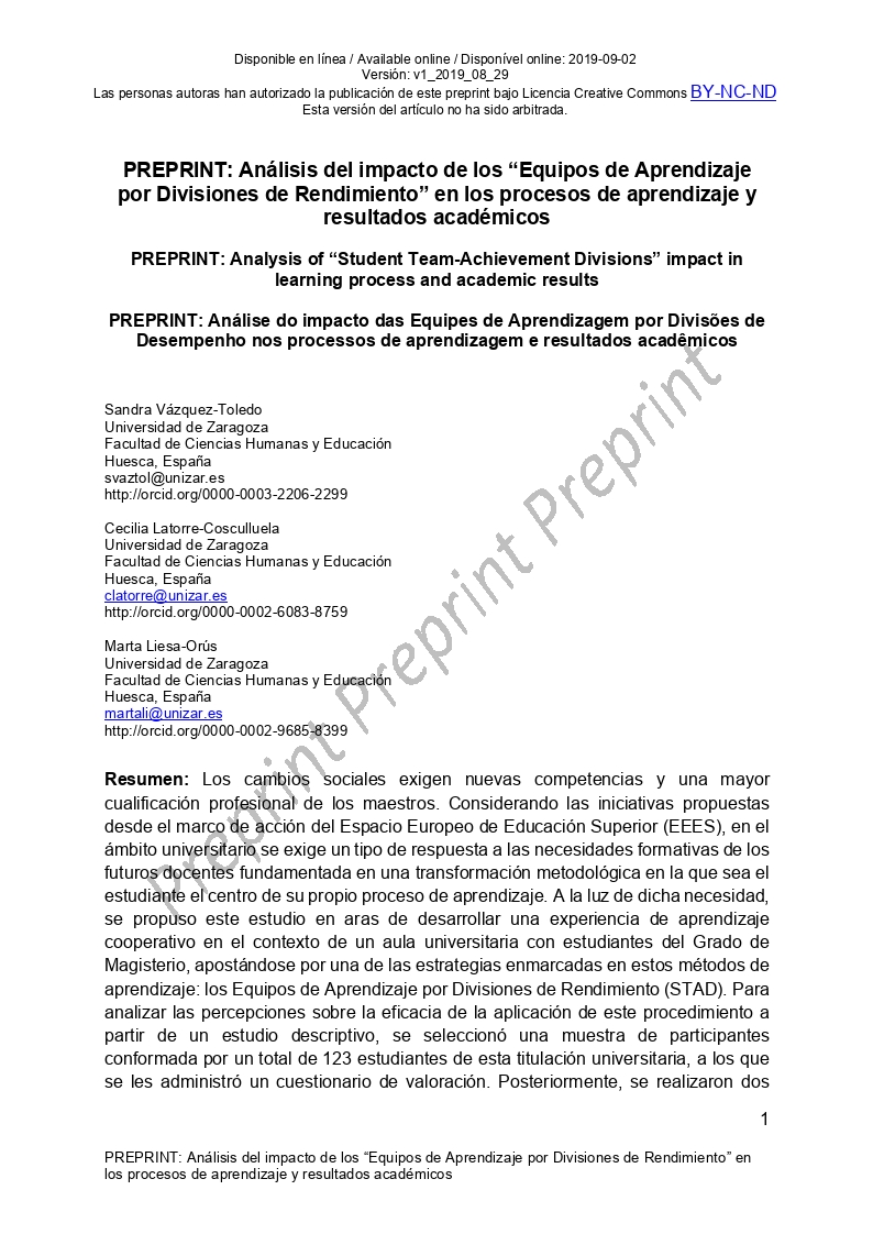 Análisis del impacto de los “Equipos de Aprendizaje por Divisiones de Rendimiento” en los procesos de aprendizaje y resultados académicos