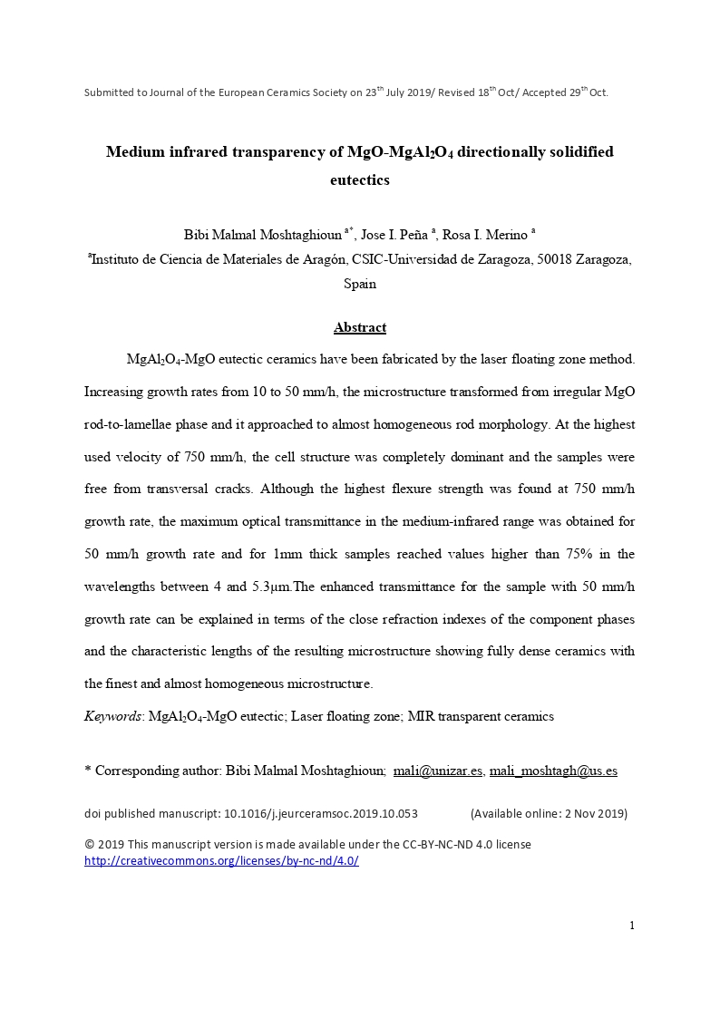 Medium infrared transparency of MgO-MgAl2O4 directionally solidified eutectics