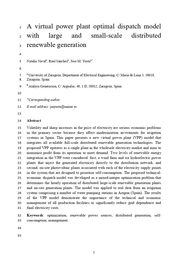 A virtual power plant optimal dispatch model with large and small-scale distributed renewable generation