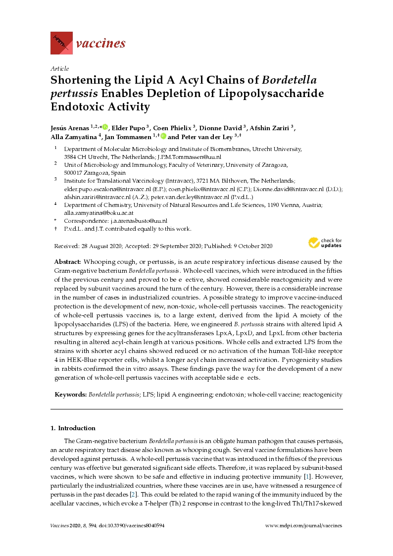 Shortening the lipid A acyl chains of Bordetella pertussis enables depletion of lipopolysaccharide endotoxic activity
