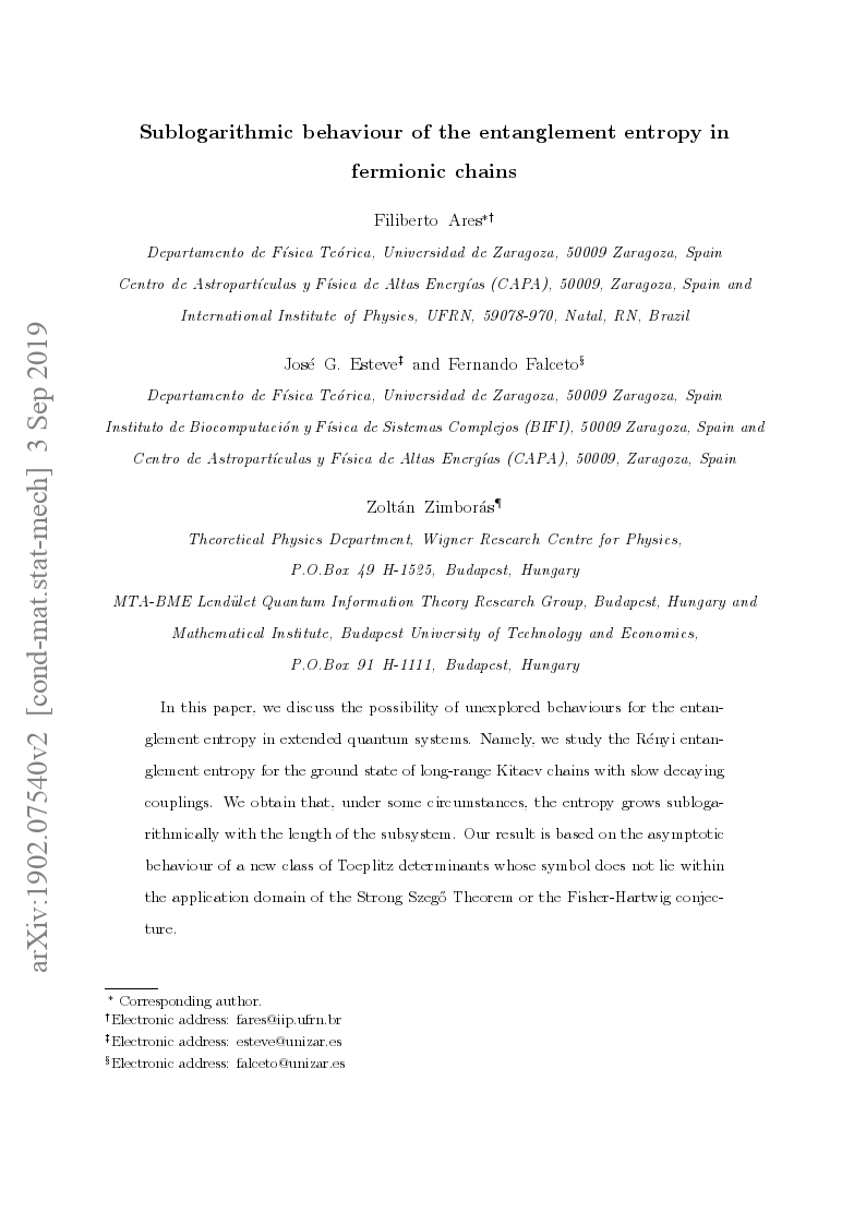 Sublogarithmic behaviour of the entanglement entropy in fermionic chains