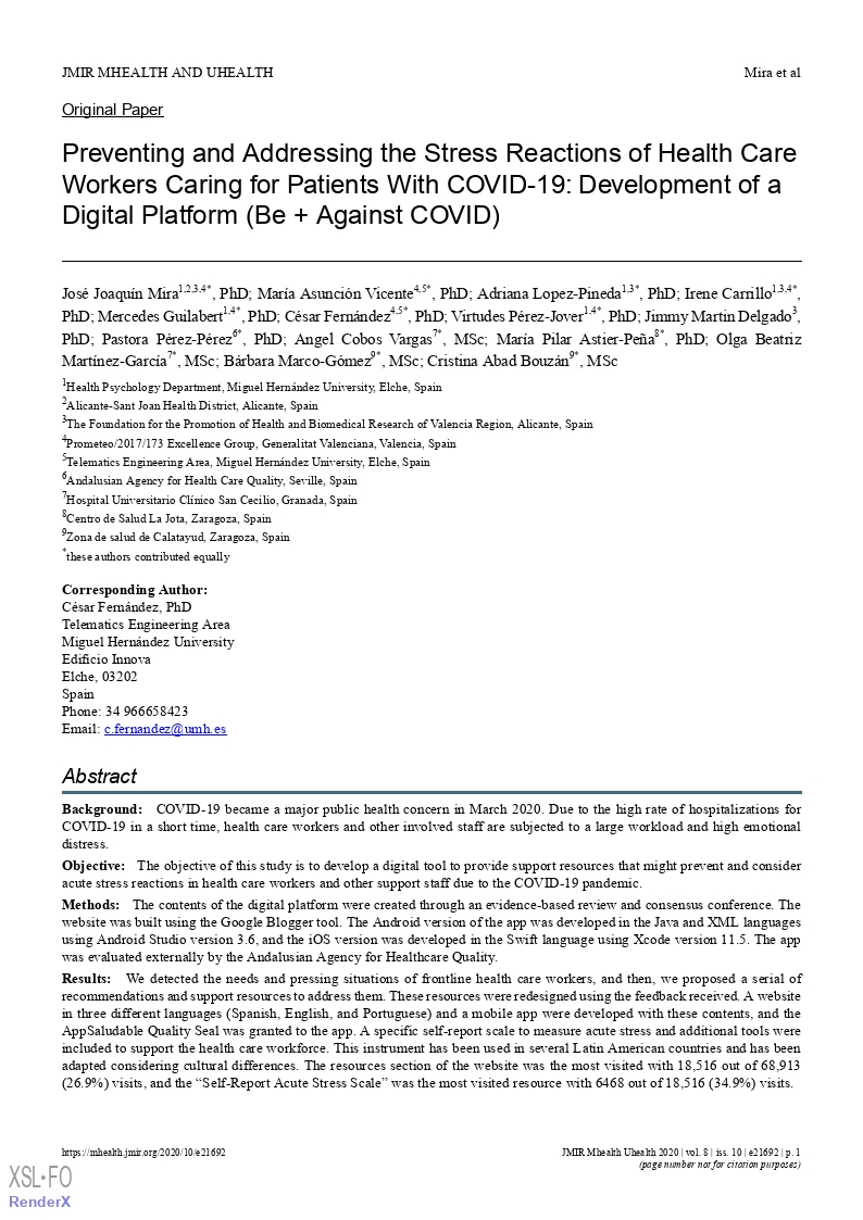 Preventing and addressing the stress reactions of health care workers caring for patients with COVID-19: Development of a digital platform (Be + against COVID)