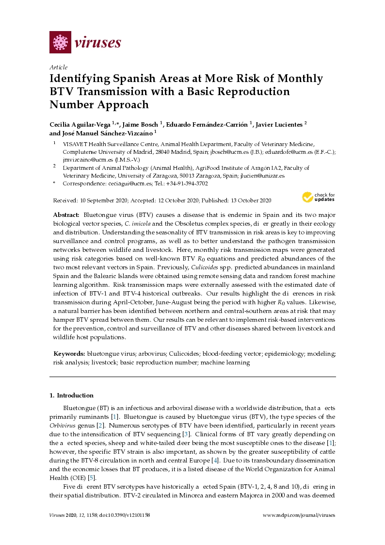 Identifying spanish areas at more risk of monthly BTV transmission with a basic reproduction number approach