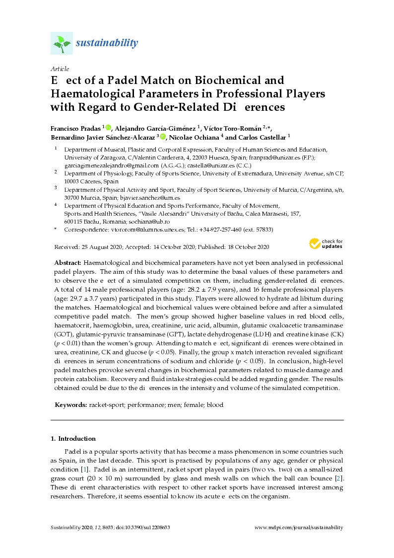 Effect of a padel match on biochemical and haematological parameters in professional players with regard to gender-related differences