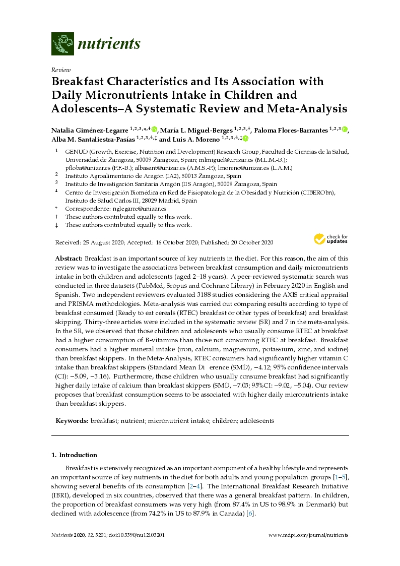 Breakfast characteristics and its association with daily micronutrients intake in children and adolescents–a systematic review and meta-analysis