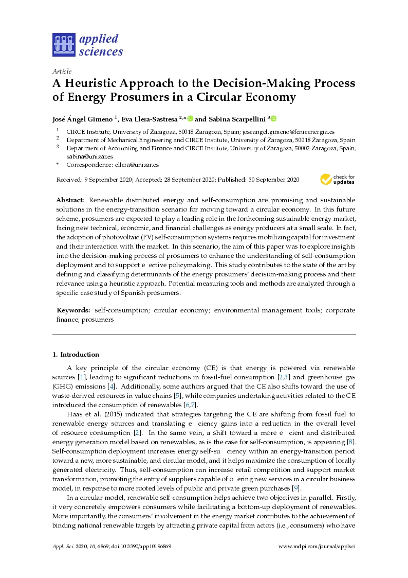A heuristic approach to the decision-making process of energy prosumers in a circular economy