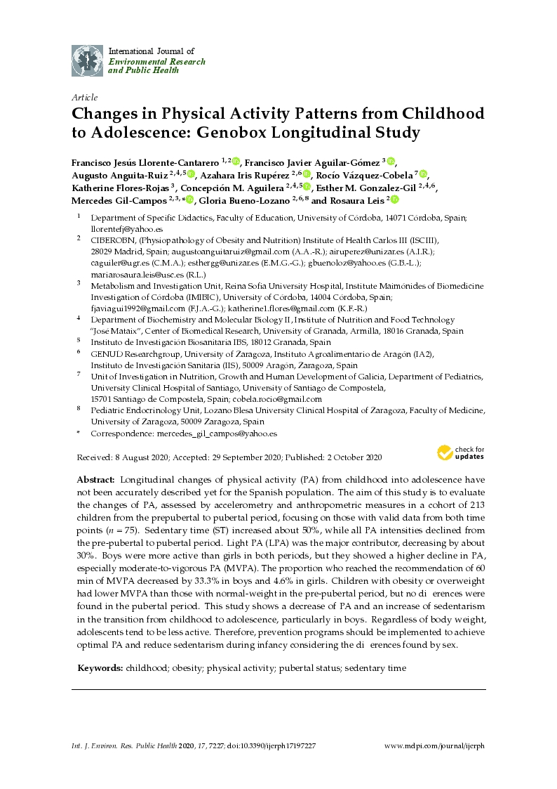 Changes in physical activity patterns from childhood to adolescence: genobox longitudinal study
