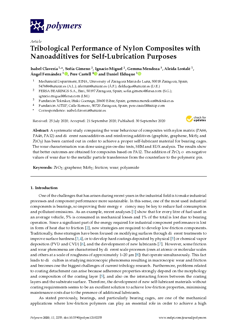 Tribological performance of nylon composites with nanoadditives for self-lubrication purposes