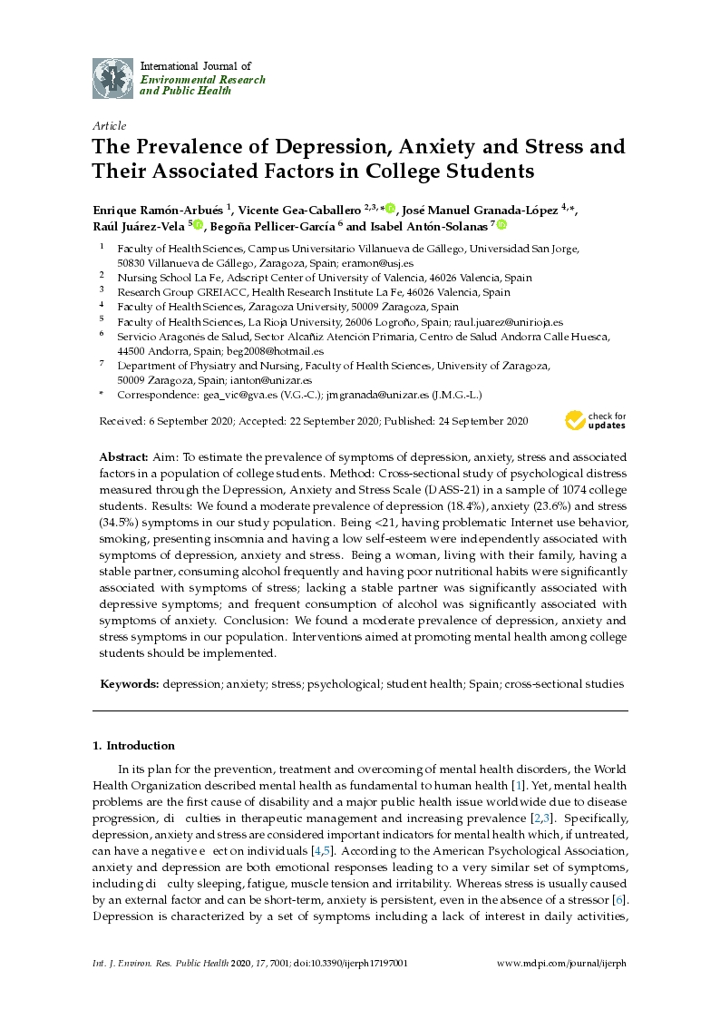 The prevalence of depression, anxiety and stress and their associated factors in college students