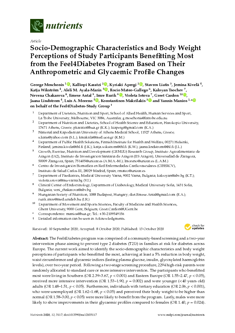 Socio-demographic characteristics and body weight perceptions of study participants benefitting most from the feel4diabetes program based on their anthropometric and glycaemic profile changes