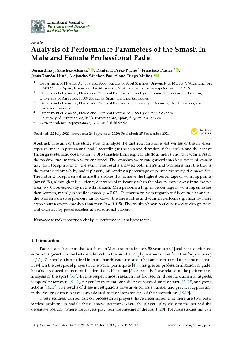 Analysis of performance parameters of the smash in male and female professional padel