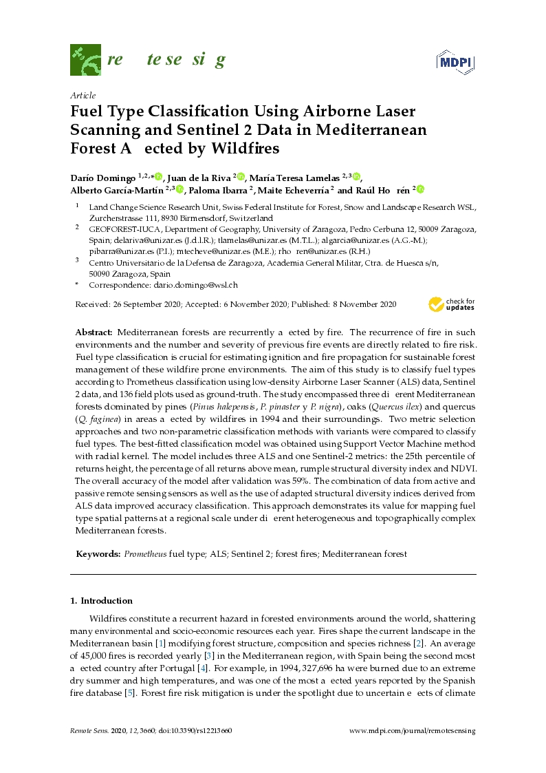 Fuel Type Classification Using Airborne Laser Scanning and Sentinel 2 Data in Mediterranean Forest Affected by Wildfires