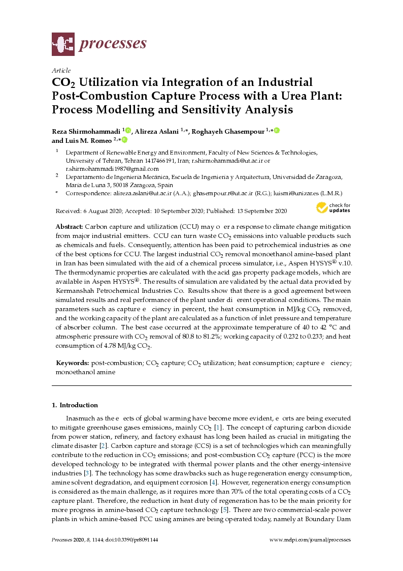 CO2 Utilization via Integration of an Industrial Post-Combustion Capture Process with a Urea Plant: Process Modelling and Sensitivity Analysis