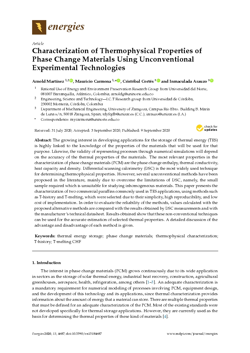 Characterization of thermophysical properties of phase change materials using unconventional experimental technologies