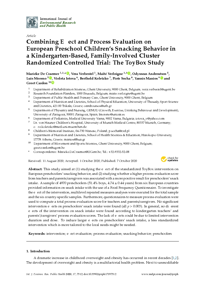 Combining effect and process evaluation on european preschool children’s snacking behavior in a kindergarten-based, family-involved cluster randomized controlled trial: The toybox study