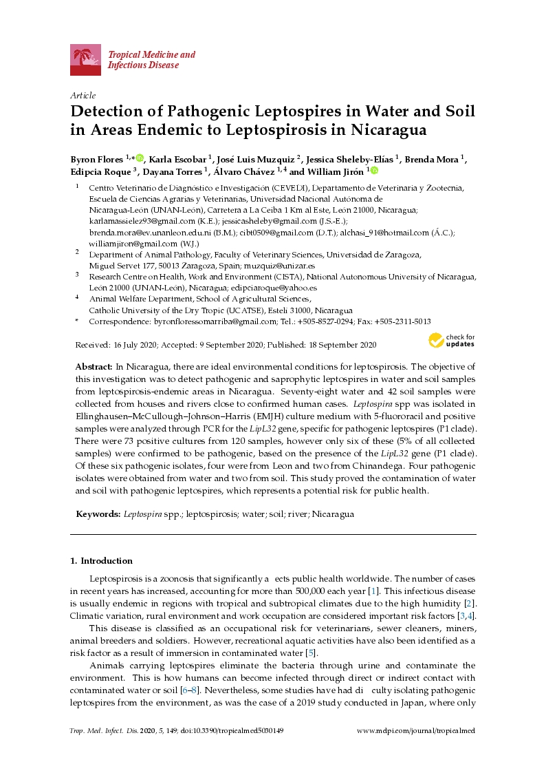 Detection of Pathogenic Leptospires in Water and Soil in Areas Endemic to Leptospirosis in Nicaragua