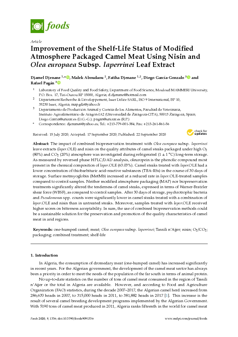 Improvement of the shelf-life status of modified atmosphere packaged camel meat using nisin and olea europaea subsp. laperrinei leaf extract