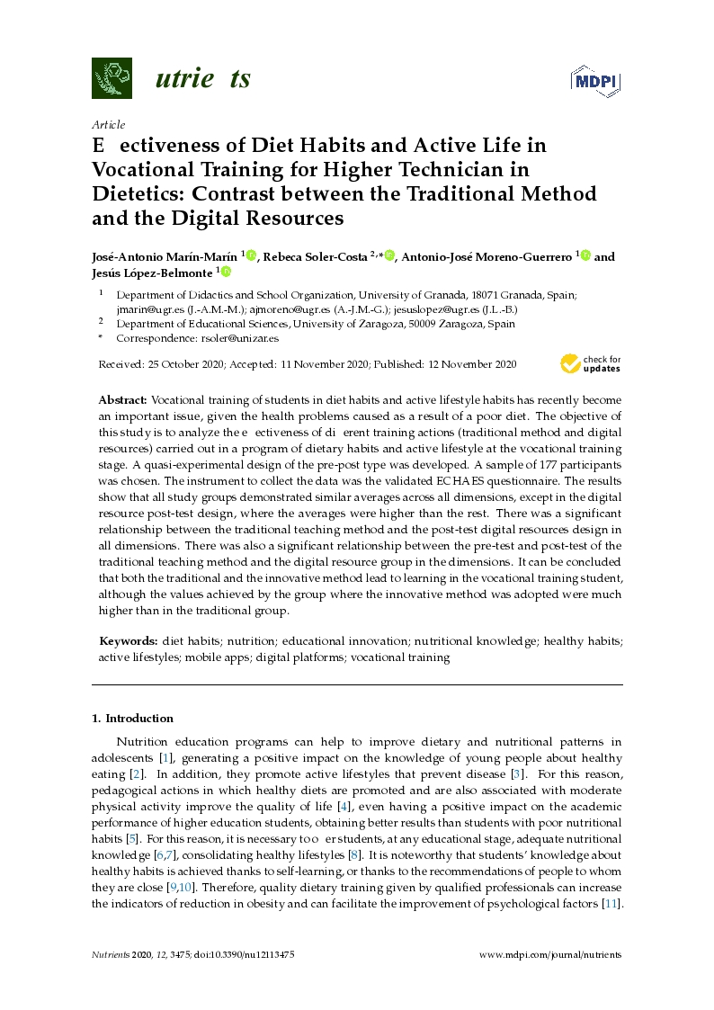 Effectiveness of the Diet Habits and Active Life in Vocational Training for Higher Technician in Dietetics: Contrast between the Traditional Method and the Digital Resources
