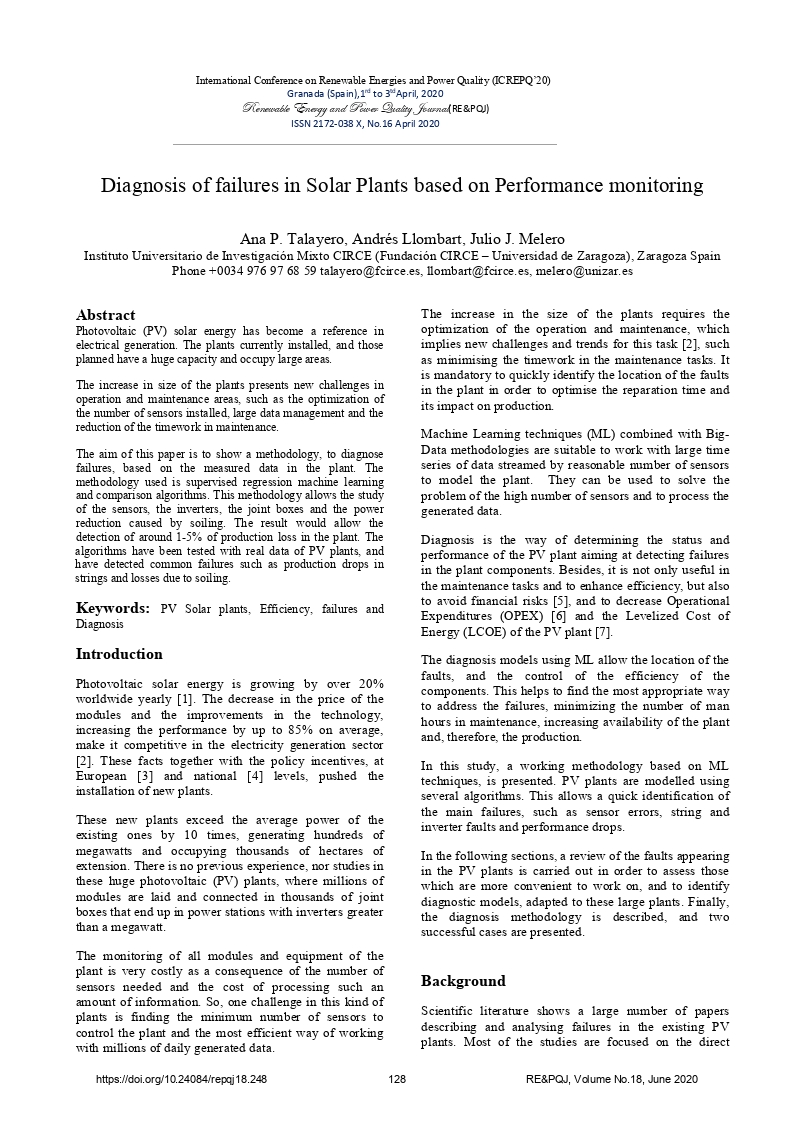 Diagnosis of failures in solar plants based on performance monitoring