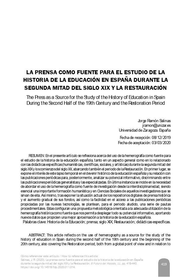 La prensa como fuente para el estudio de la historia de la educación en España durante la segunda mitad del siglo xix y la Restauración