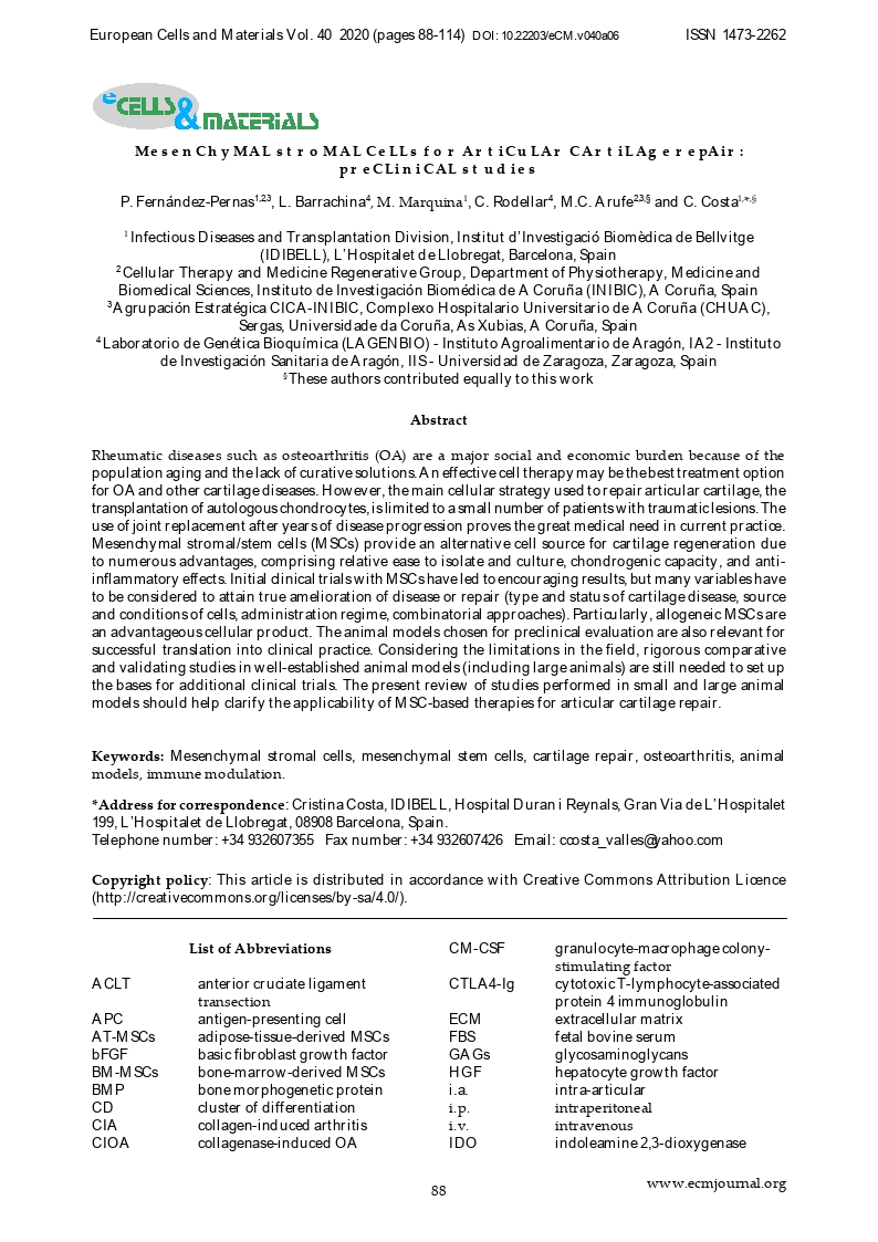 Mesenchymal stromal cells for articular cartilage repair: preclinical studies