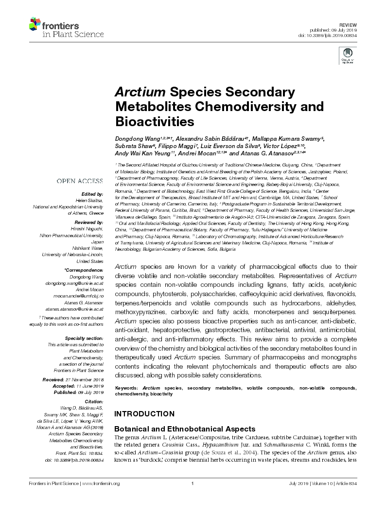 Arctium Species Secondary Metabolites Chemodiversity and Bioactivities