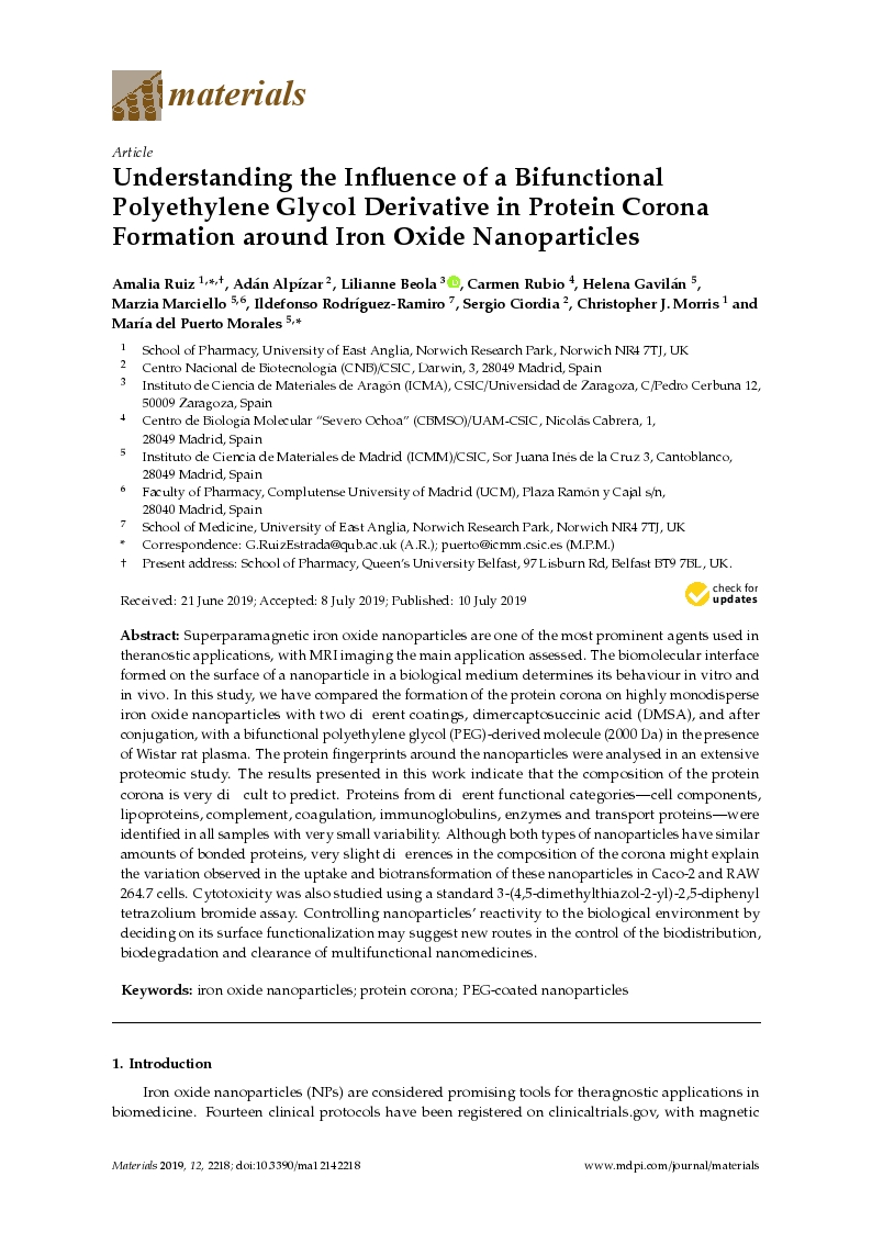 Understanding the Influence of a Bifunctional Polyethylene Glycol Derivative in Protein Corona Formation around Iron Oxide Nanoparticles