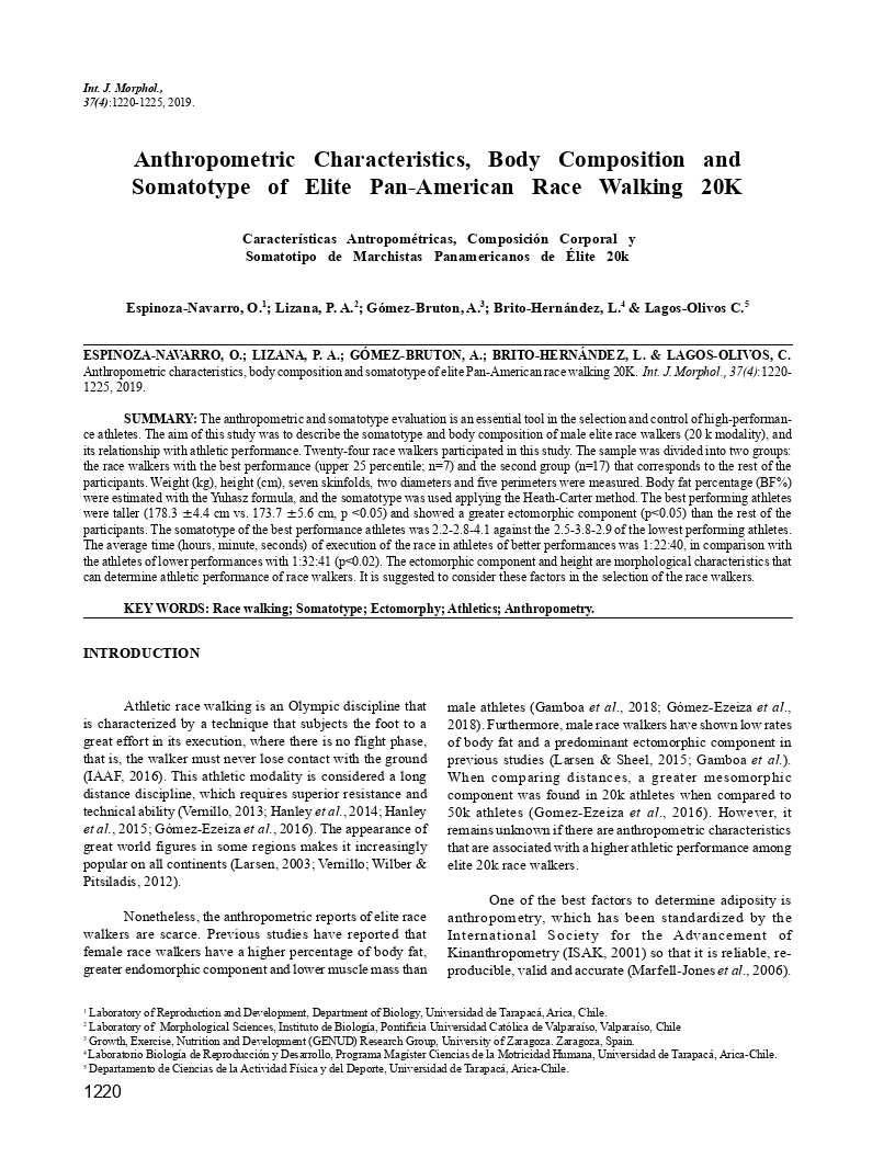 Anthropometric Characteristics, Body Composition and Somatotype of Elite Pan-American Race Walking 20K