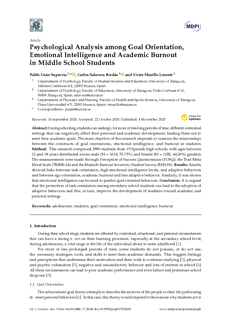 Psychological Analysis among Goal Orientation, Emotional Intelligence and Academic Burnout in Middle School Students