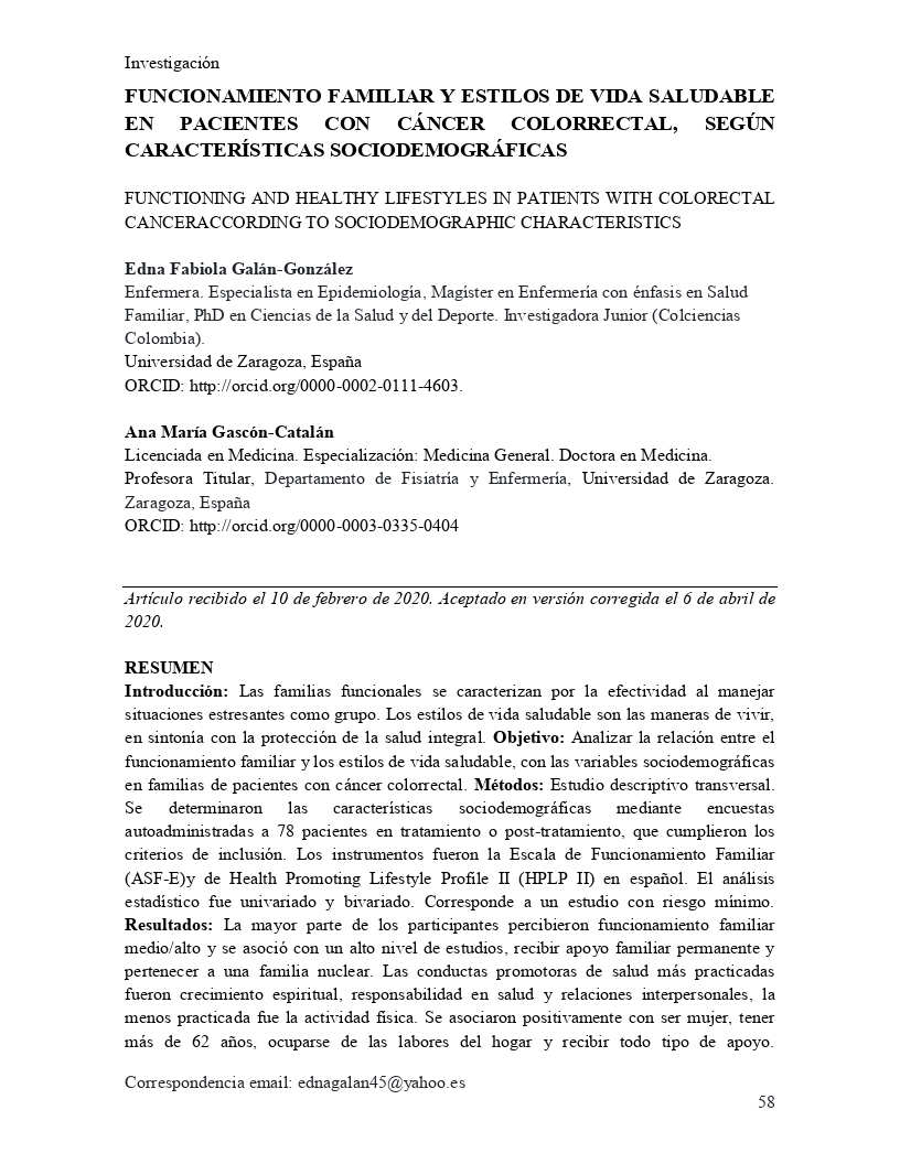 Funcionamiento familiar y estilos de vida saludable en pacientes con cáncer colorrectal, según características sociodemográficas