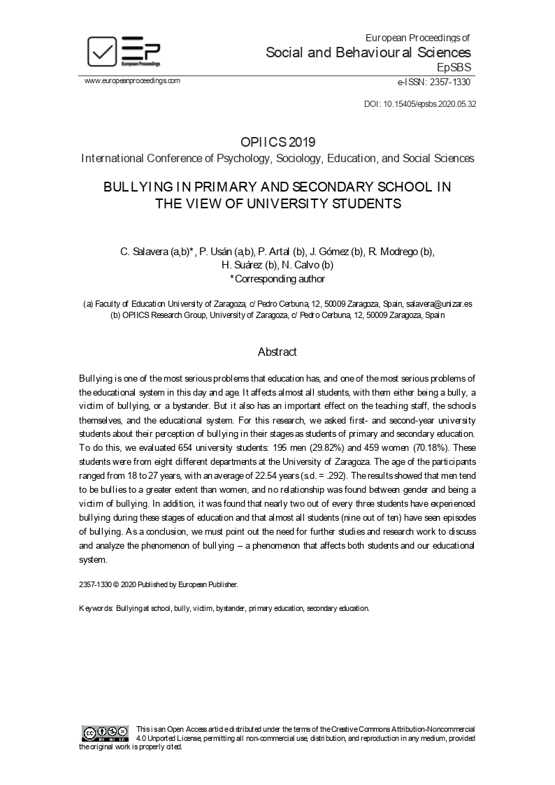 Bullying in Primary and Secondary school in the view of University Students