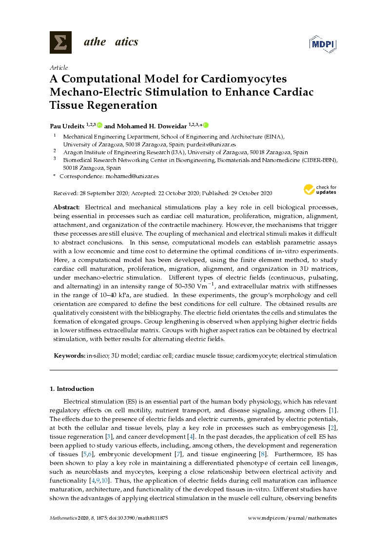 A computational model for cardiomyocytes mechano-electric stimulation to enhance cardiac tissue regeneration