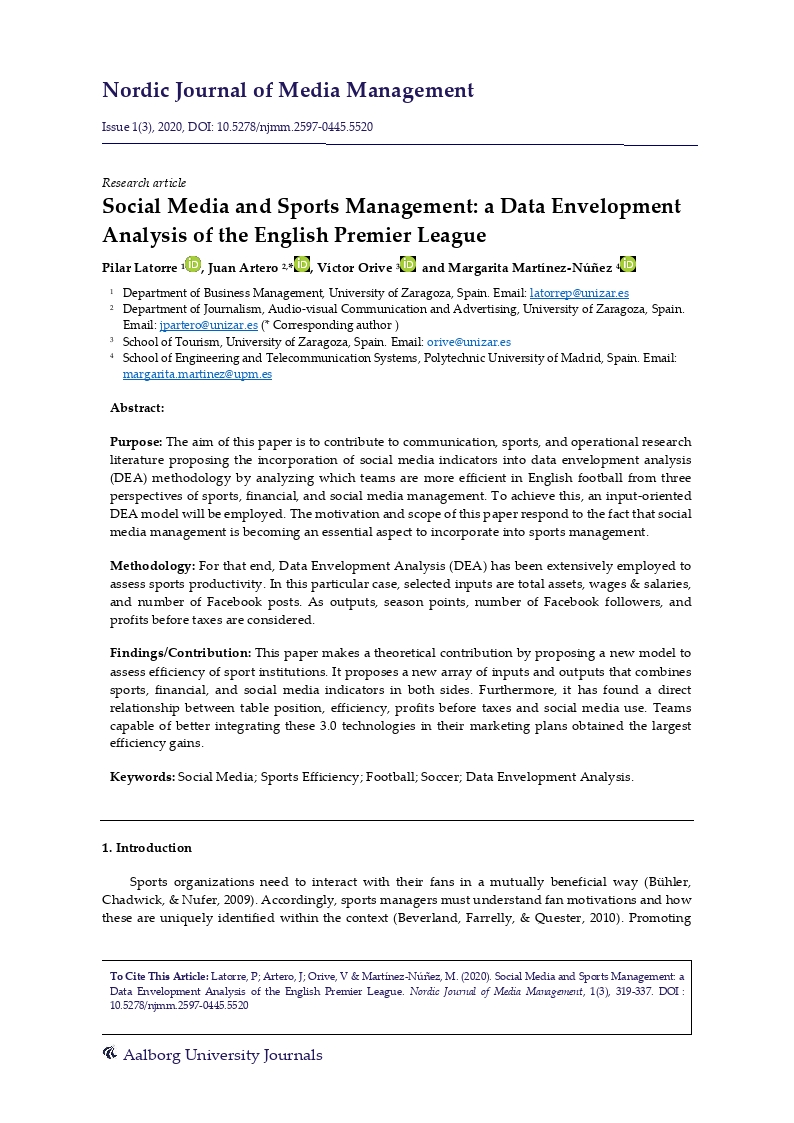 Social Media and Sports Management: a Data Envelopment Analysis of the English Premier League