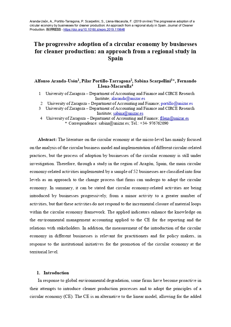 The progressive adoption of a circular economy by businesses for cleaner production: An approach from a regional study in Spain