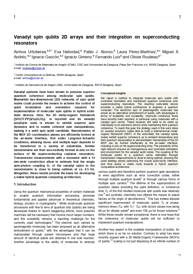 Vanadyl spin qubit 2D arrays and their integration on superconducting resonators