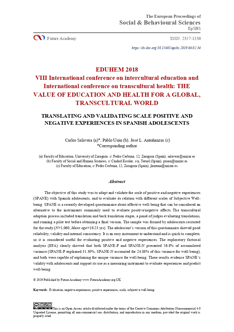 Translating and validating scale positive and negative experiences in Spanish adolescents