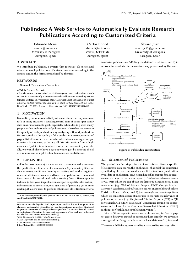 Publindex: Aweb service to automatically evaluate research publications according to customized criteria