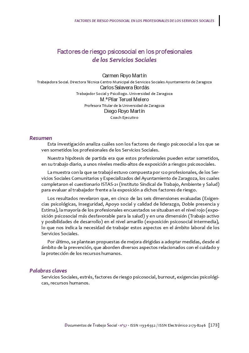Factores de riesgo psicosocial en los profesionales de los servicios sociales