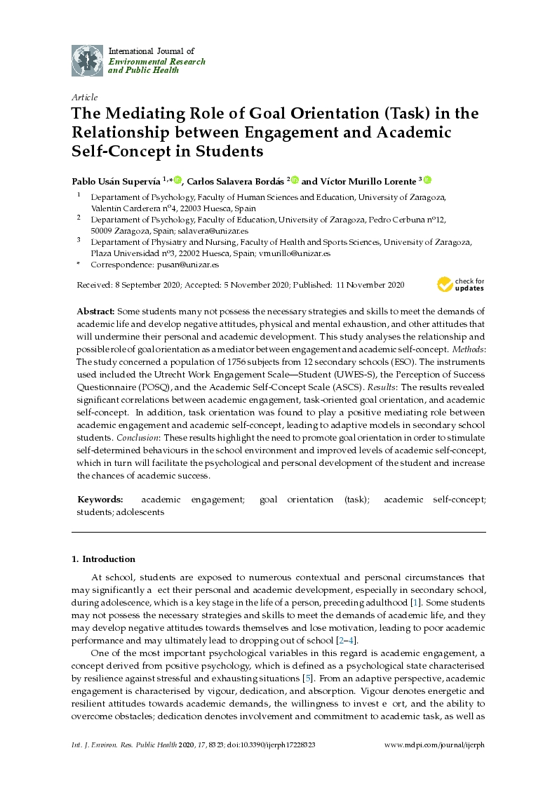 The mediating role of goal orientation (Task) in the relationship between engagement and academic self-concept in students