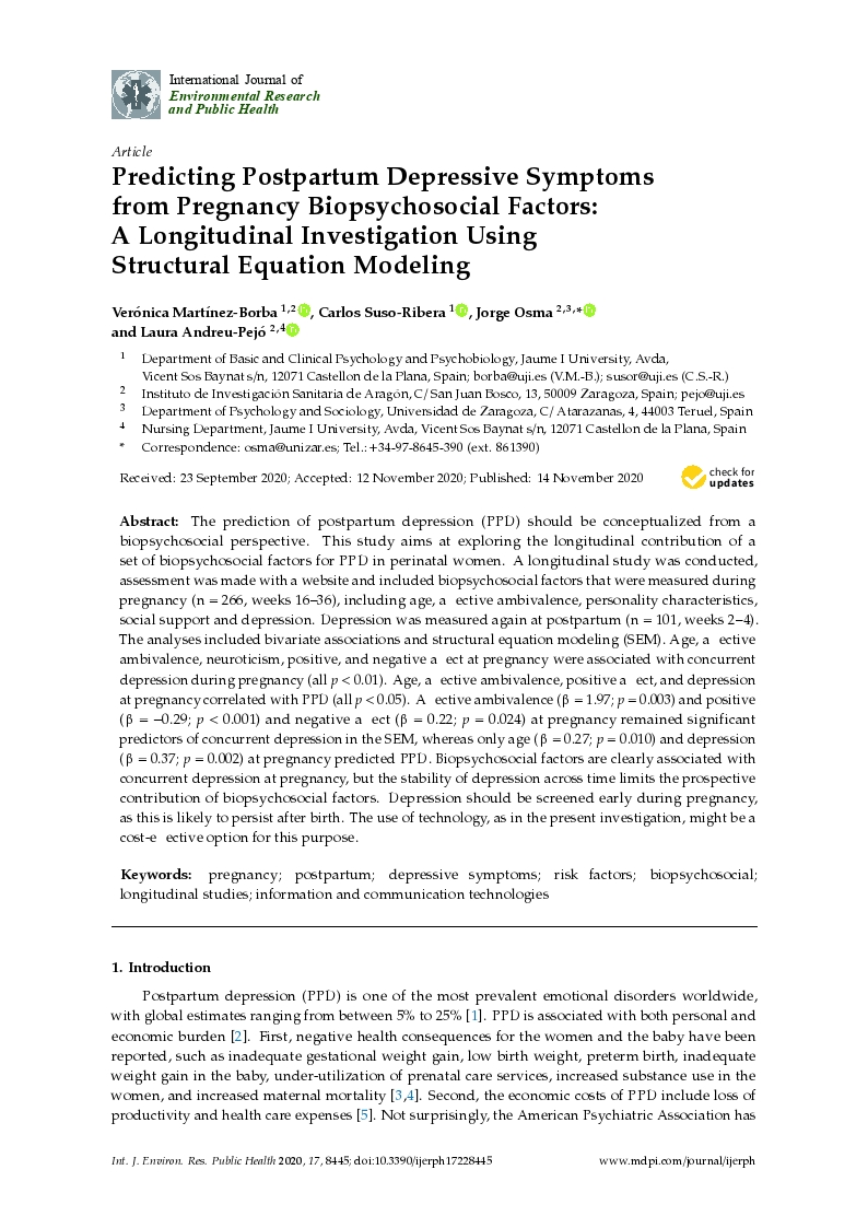 Predicting postpartum depressive symptoms from pregnancy biopsychosocial factors: A longitudinal investigation using structural equation modeling